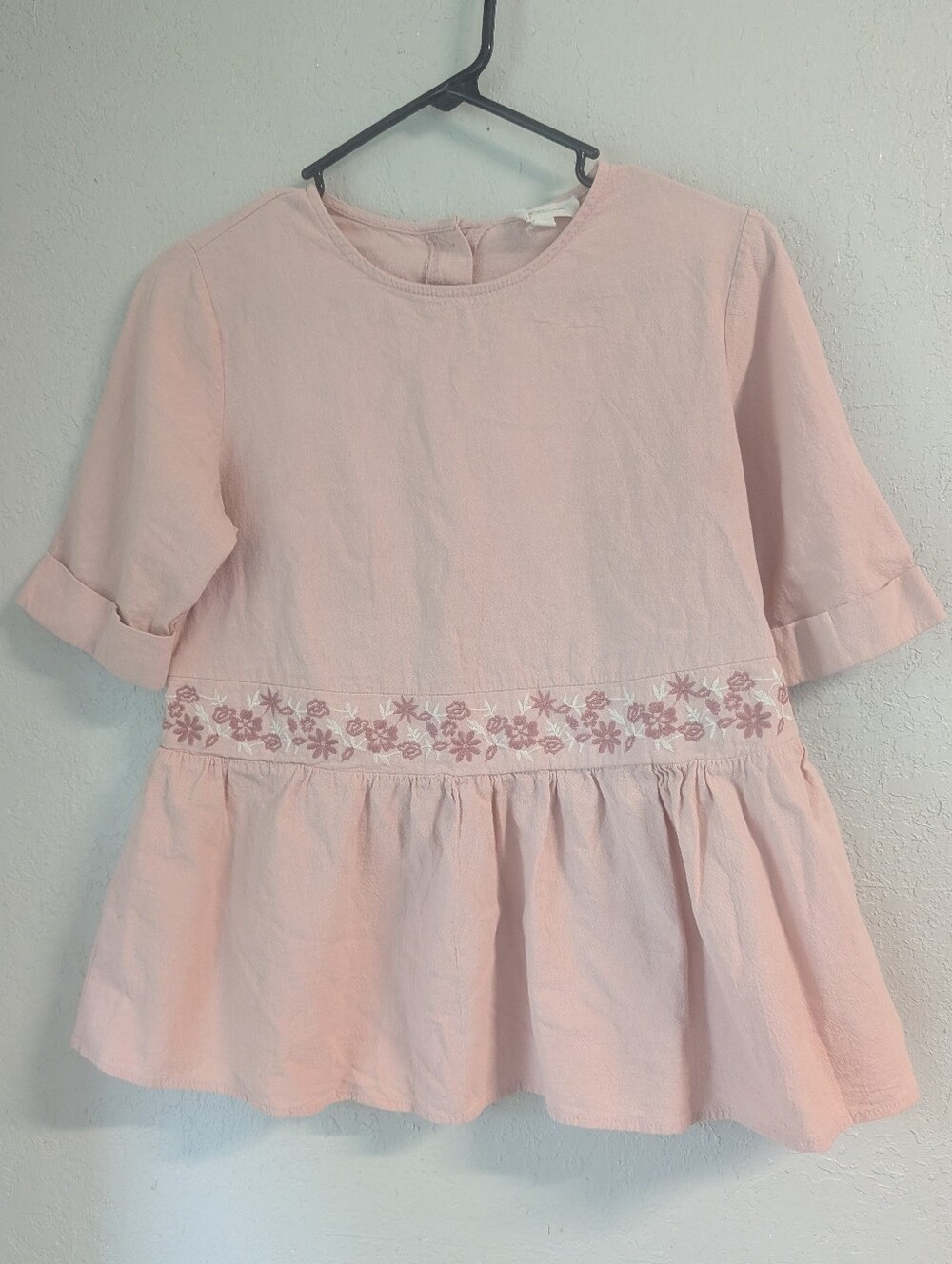 Floral Embroidered Peplum Top S Pink Boxy Ruffle Cottage Boho Fairy Dainty Soft